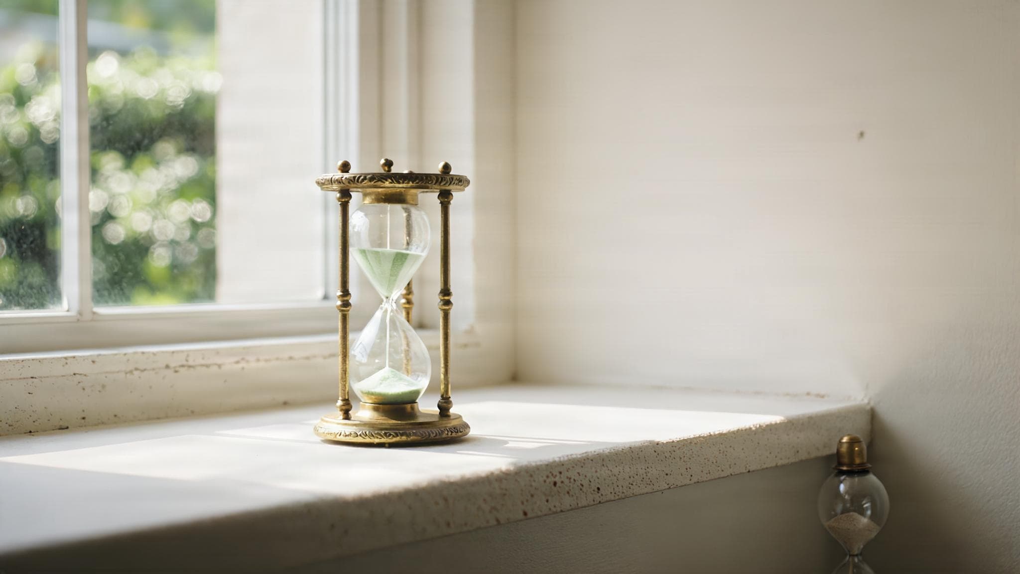 Eine alte Sanduhr aus Messing auf einer hellen Fensterbank, Sand rinnt, im Glas spiegelt sich ein Garten.