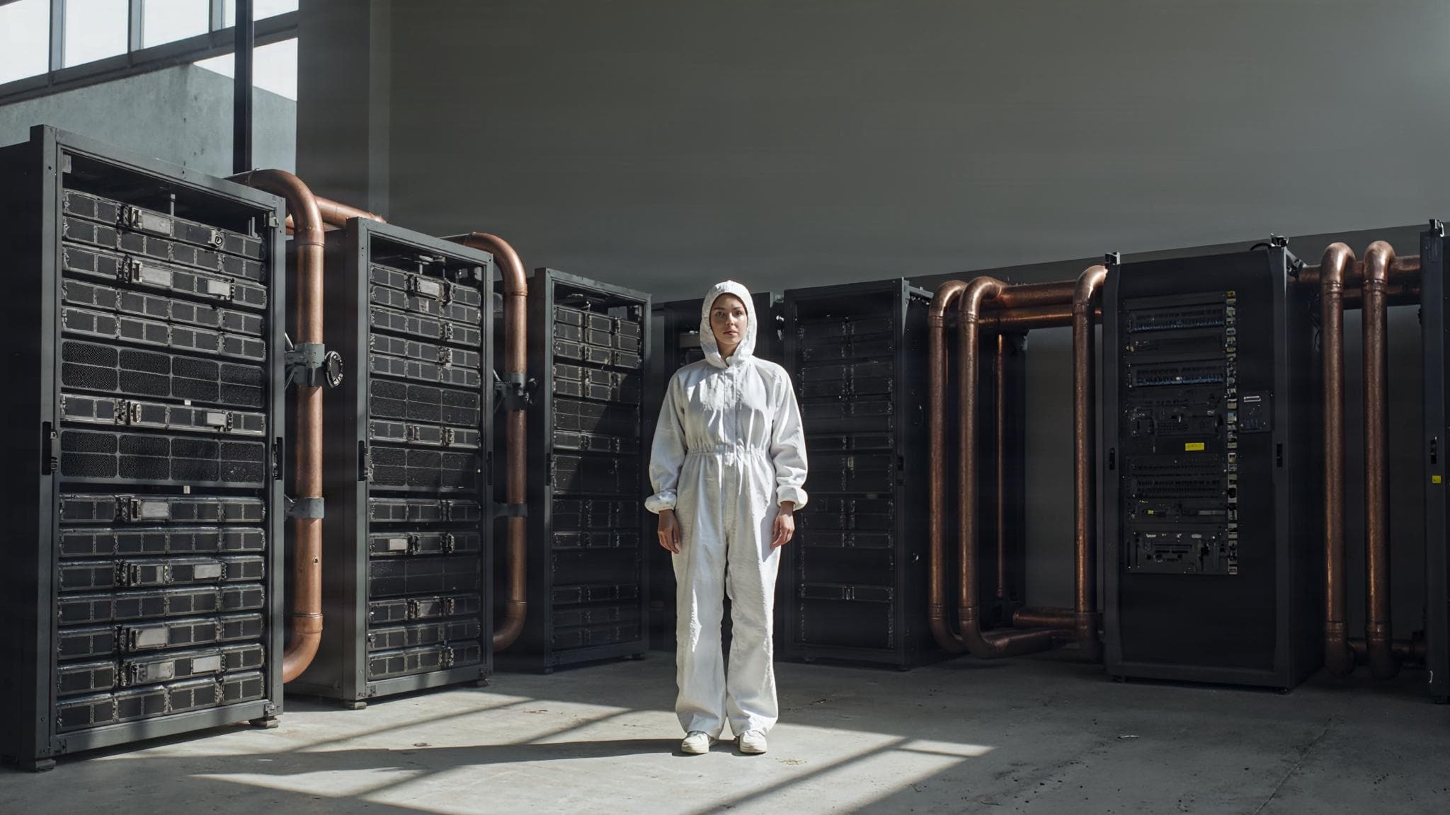 Eine Person im Reinraumanzug zwischen Serverracks und Kühlleitungen, hartes Tageslicht.