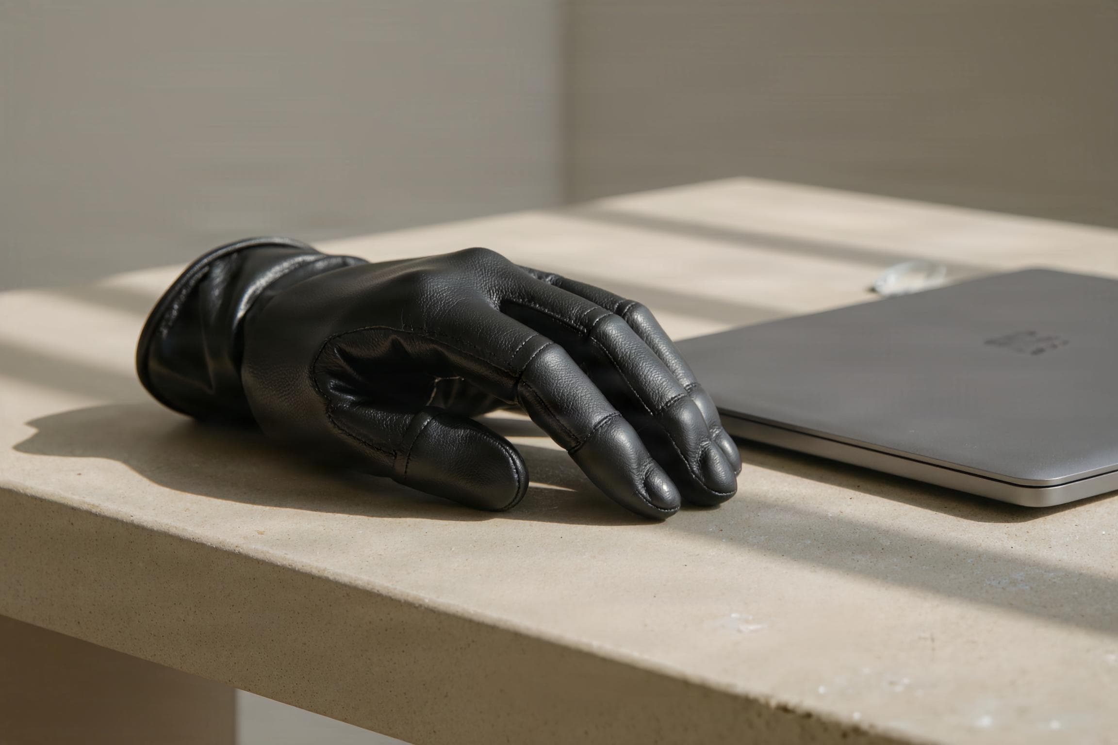 A hand in a black glove on a pale stone desk beside a closed laptop.