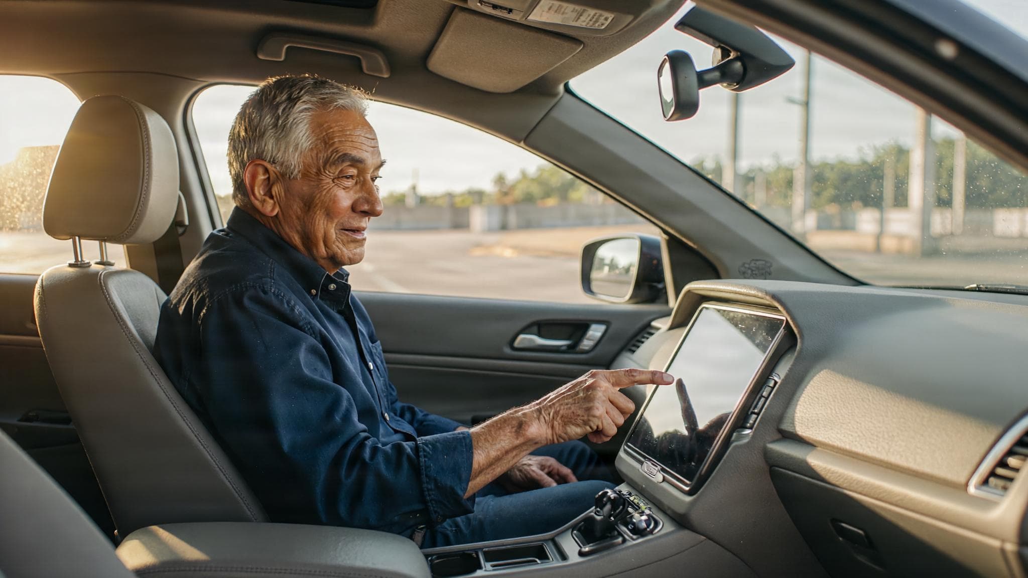 Ein älterer Mann zeigt im Auto halb belustigt, halb genervt auf den Bildschirm.
