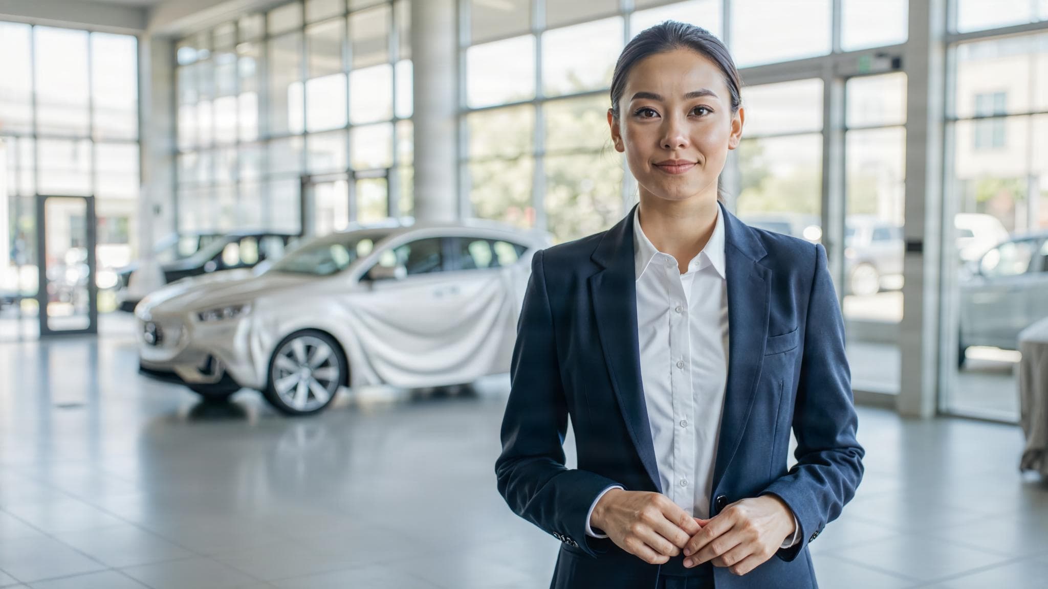 Eine junge Verkäuferin in einem sonnigen Autohaus, hinter ihr ein abgedecktes Auto.
