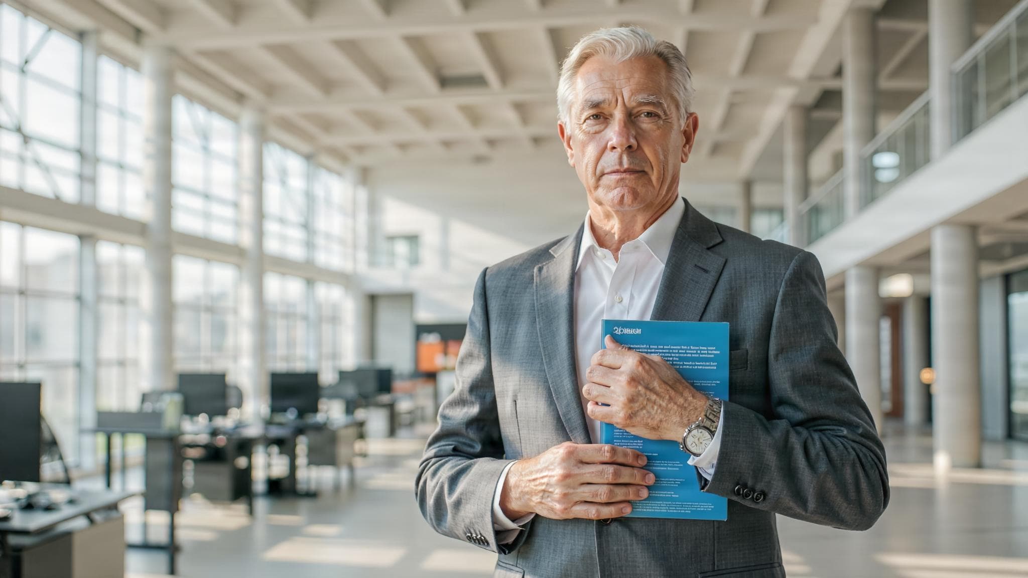 An executive in a grey suit holds a blue annual report to his chest on a bright trading floor.