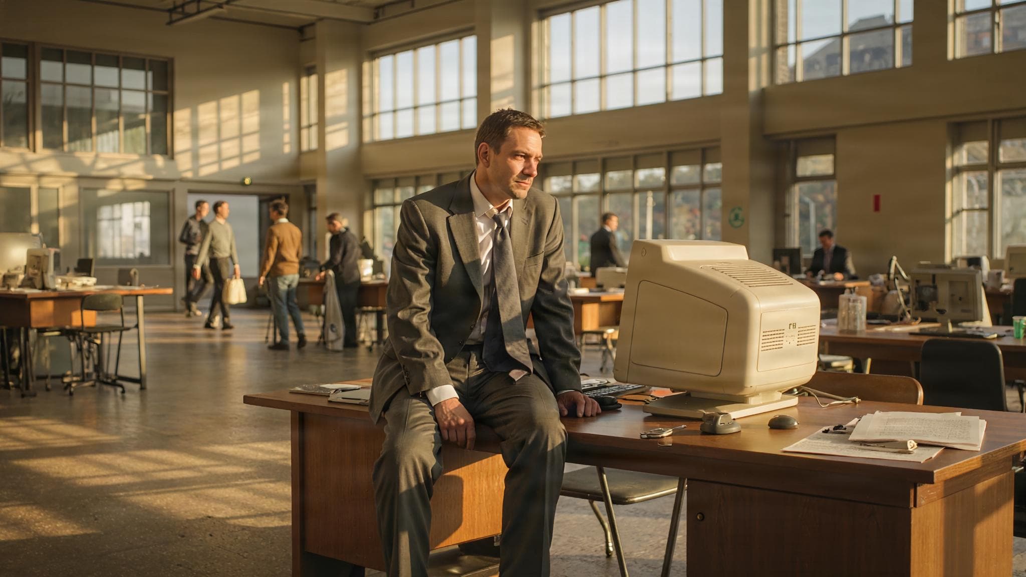 A trader in 2000 on the edge of a desk, evening sun on the trading floor.