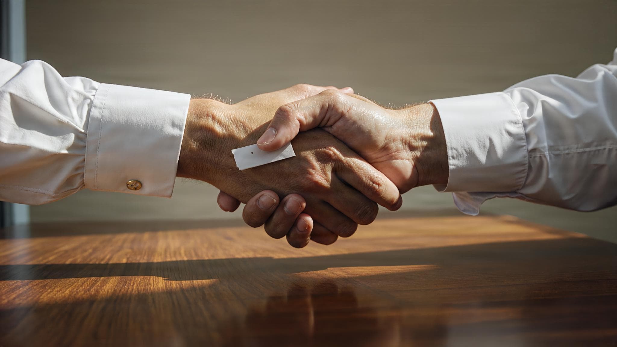 Two hands in a handshake above a wooden table, a folded slip of paper between them.