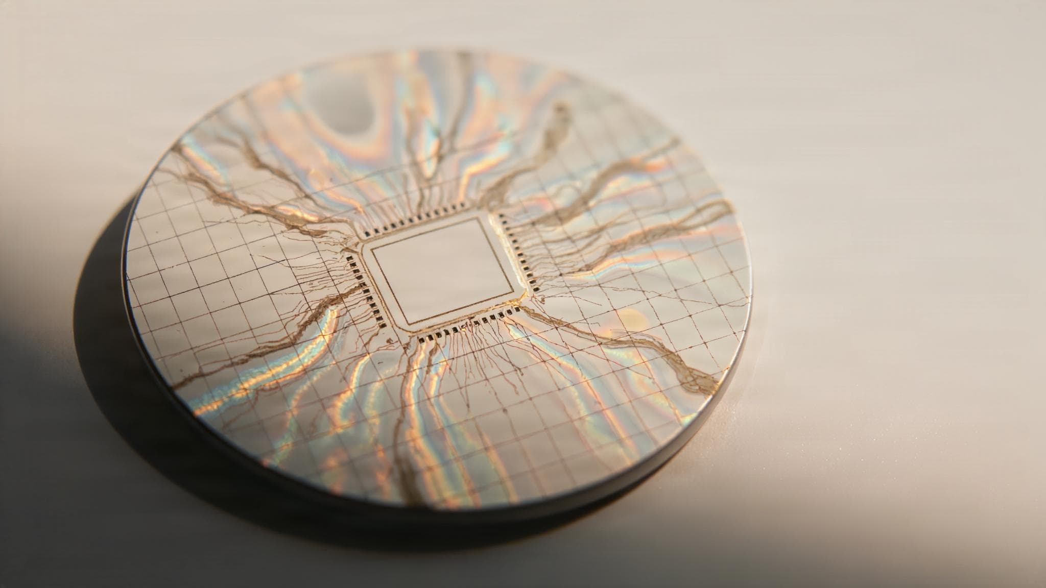Macro photograph of a silicon wafer in warm raking light, shimmering in brass and gold.