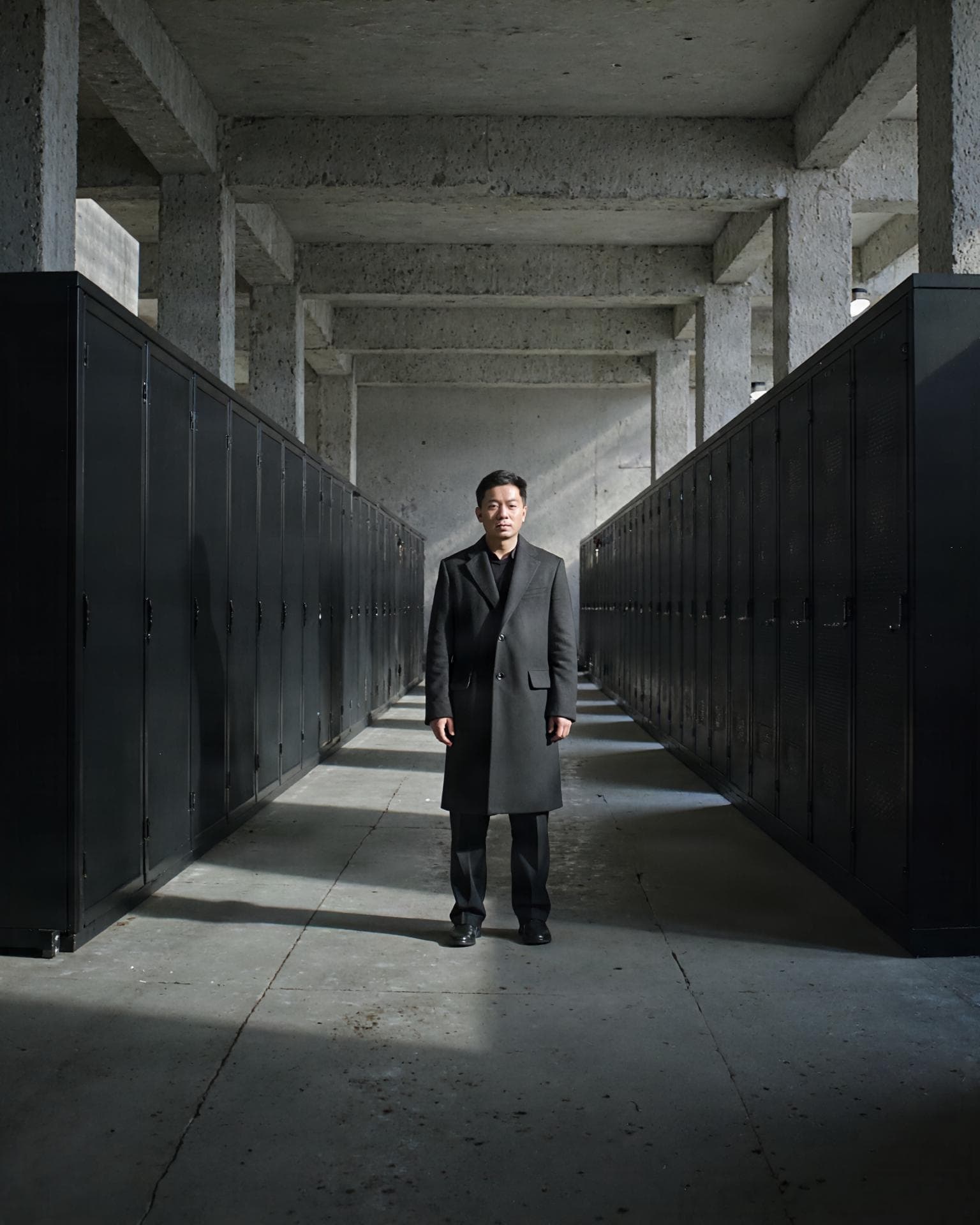 A man in a dark coat in a long concrete corridor between black server cabinets.