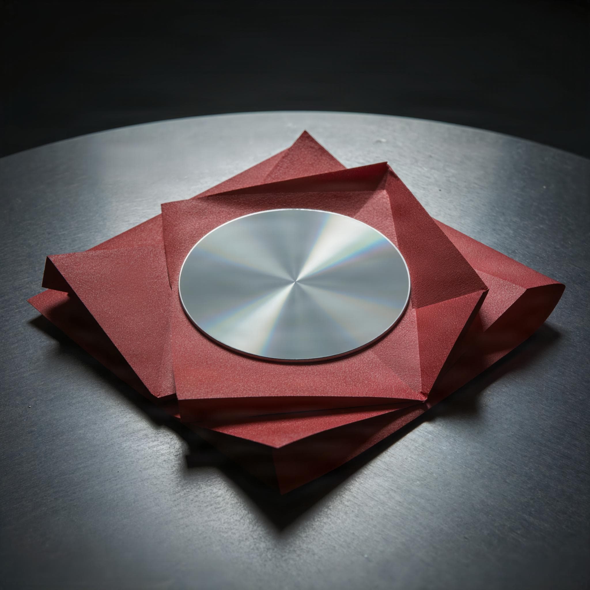 Ein Siliziumwafer auf gefaltetem oxblutrotem Papier, hartes Studiolicht.
