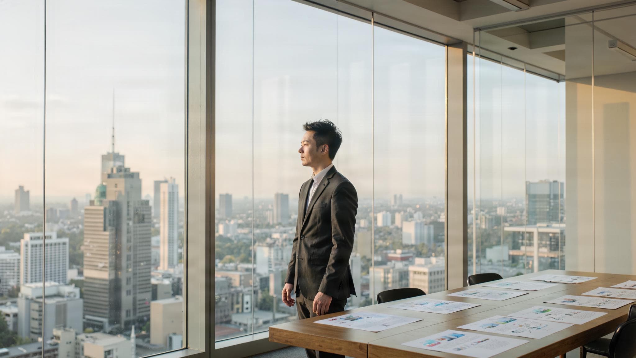 A young consultant in a bright glass meeting room above the city, slides on the table, looking out.
