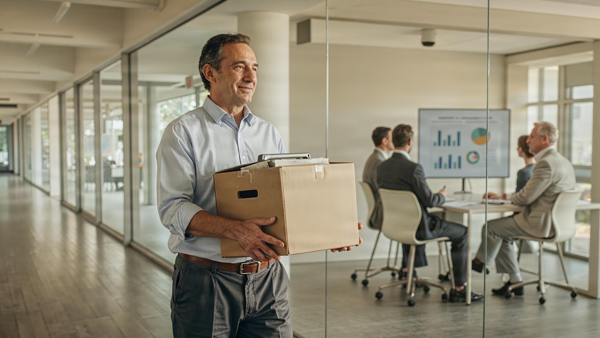 An employee carries a cardboard box along a bright glass corridor while consultants present to executives behind him.