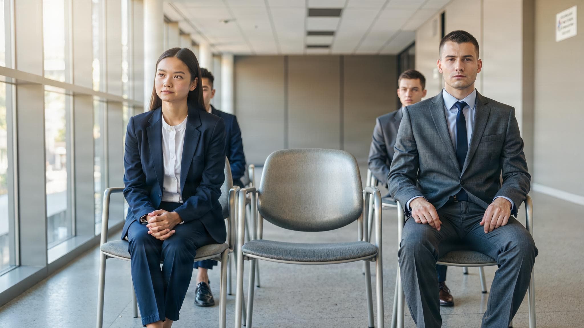 Young graduates in new suits wait in a sunny corridor, an empty chair in the middle.