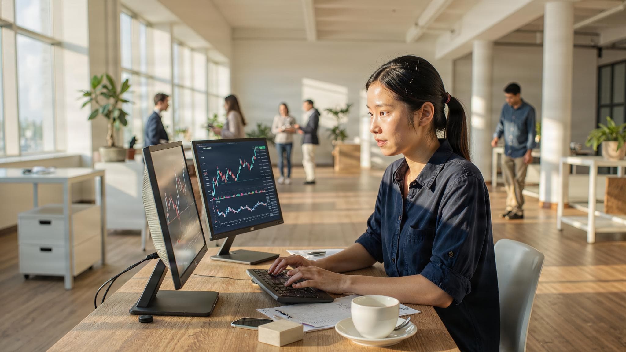A young analyst in a bright open-plan office in the morning, coffee and two screens with charts.
