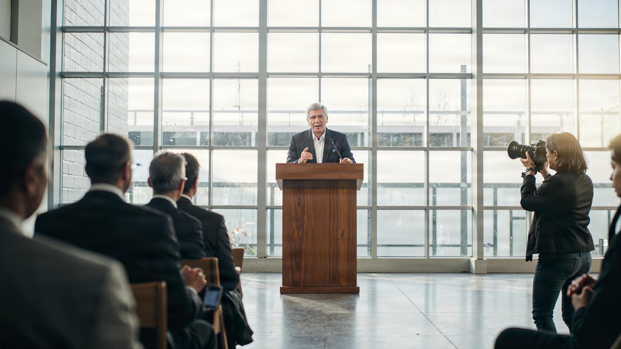 A grey-haired partner speaks on a bright conference stage, audience and photographers in front.