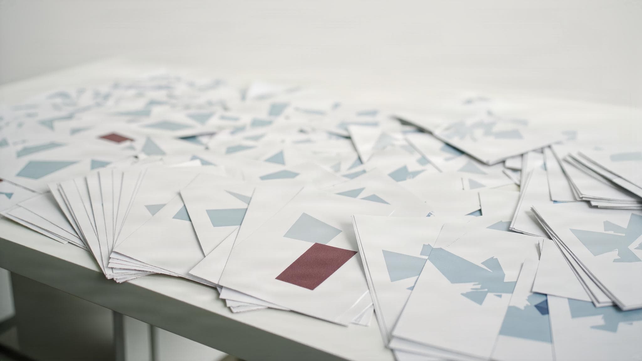 Hundreds of identical presentation pages fanned out on a white table in bright daylight.