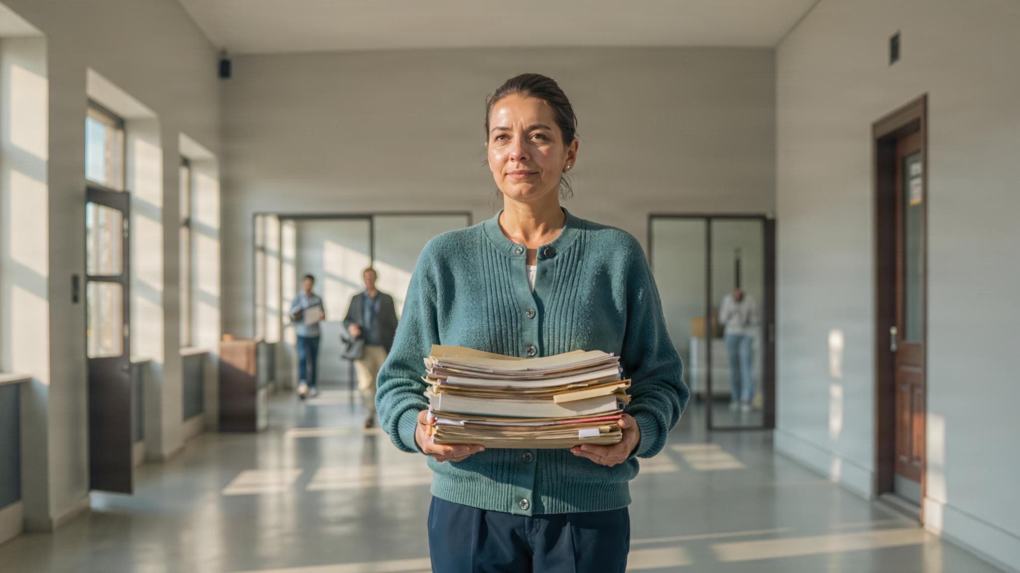 A civil servant with a stack of files in a bright office corridor in the morning, doors open.
