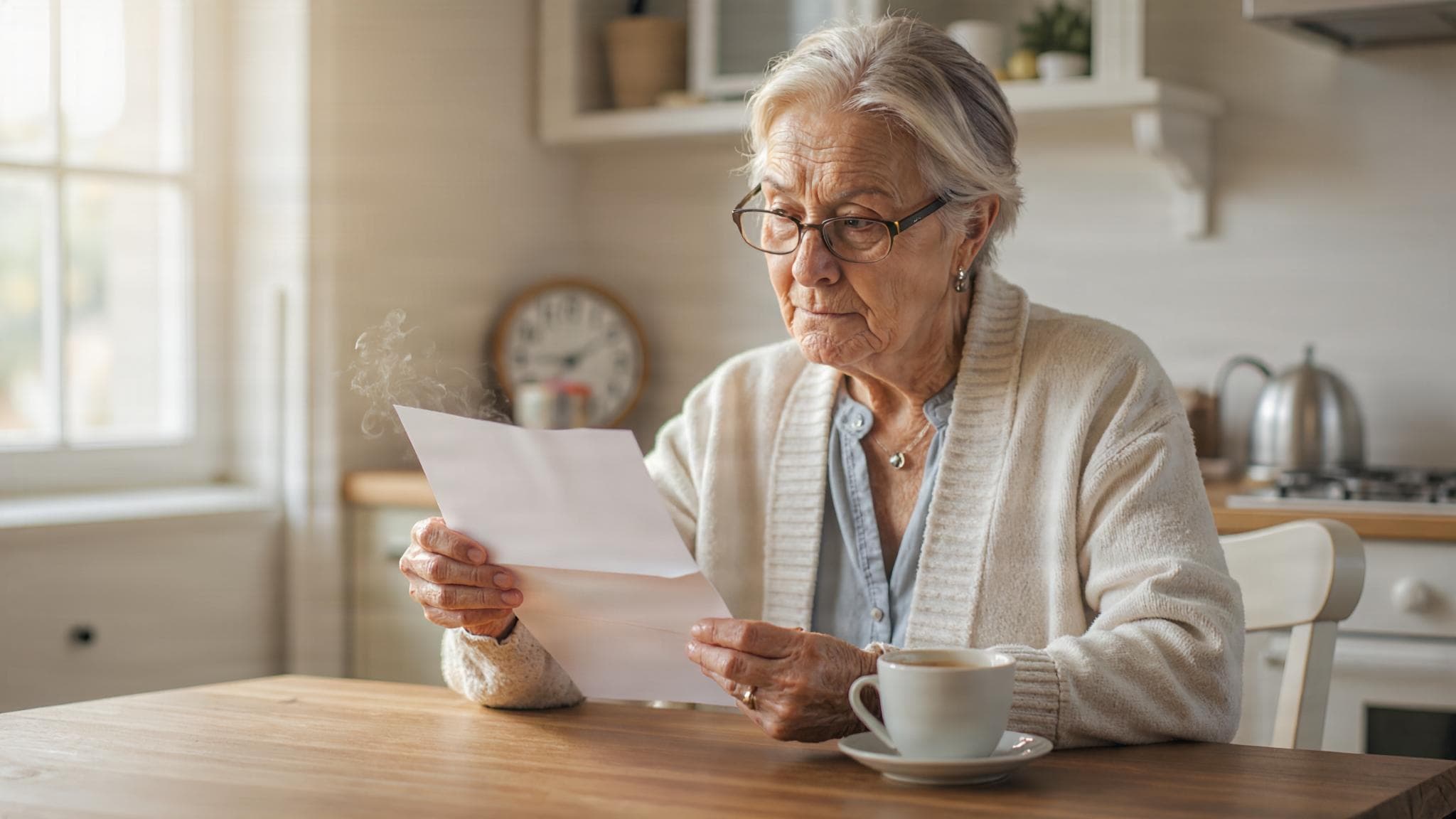 An elderly woman reads an official letter at her kitchen table in the morning light, one eyebrow raised.
