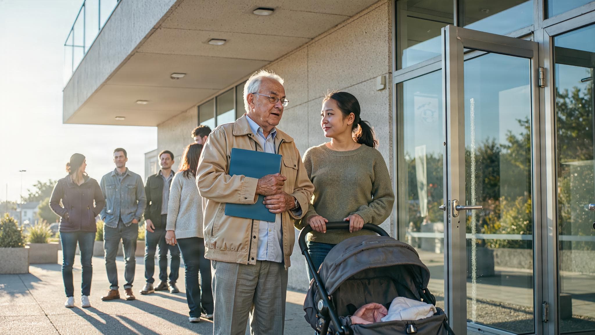 People of all ages wait outside a housing benefit office in the morning, the glass door just opening.