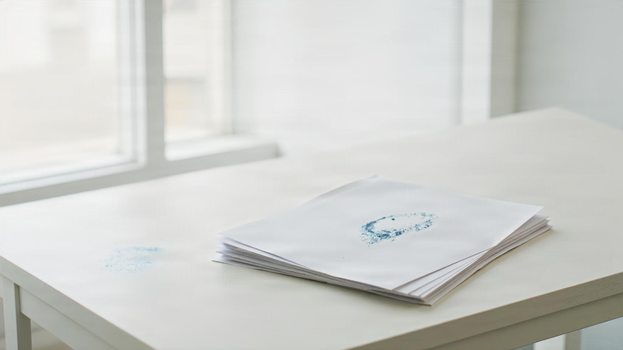 Stacked white sheets in bright window light, a faded blue stamp showing through.