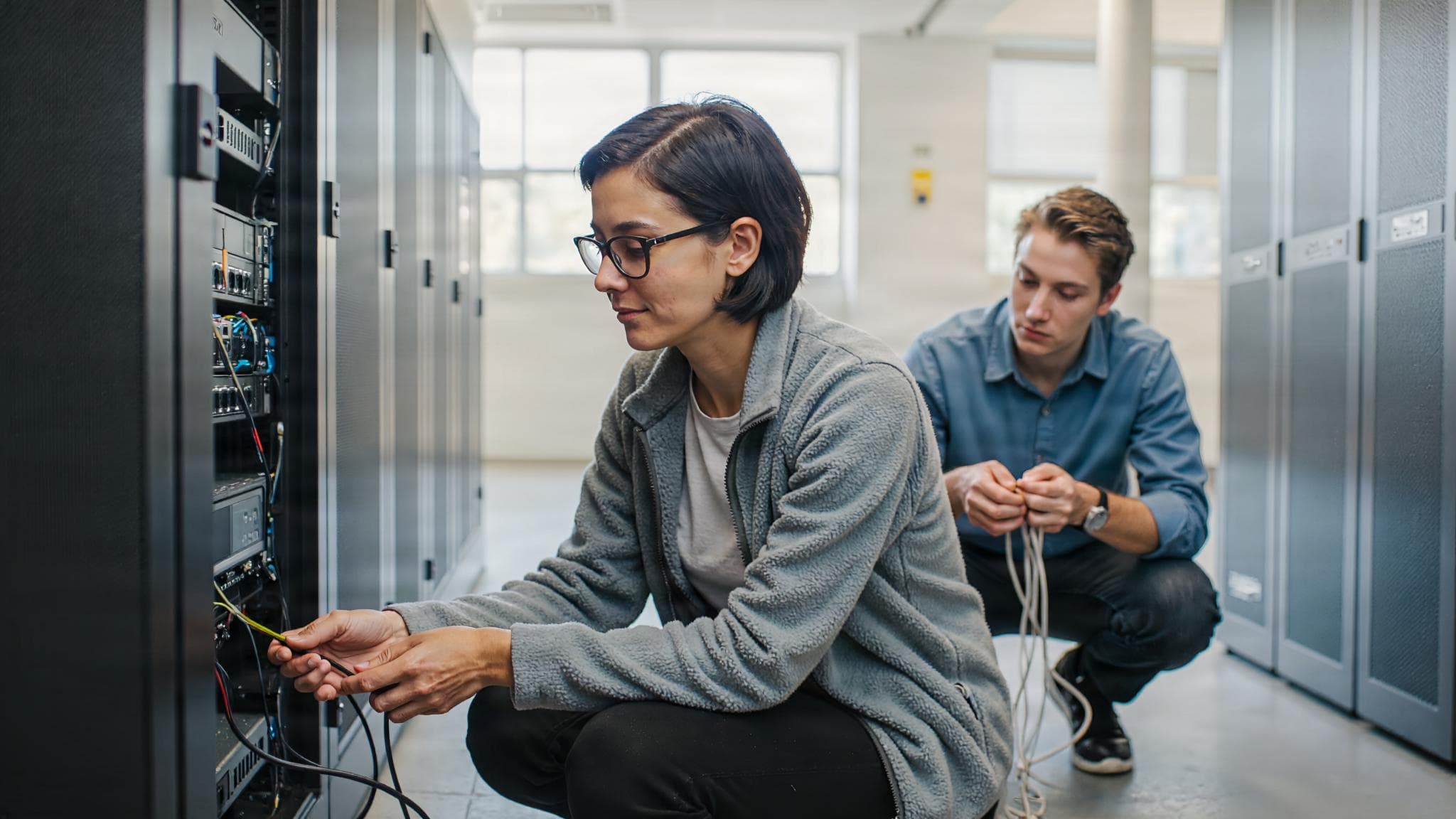An administrator checks cables with a younger colleague in a bright server room.