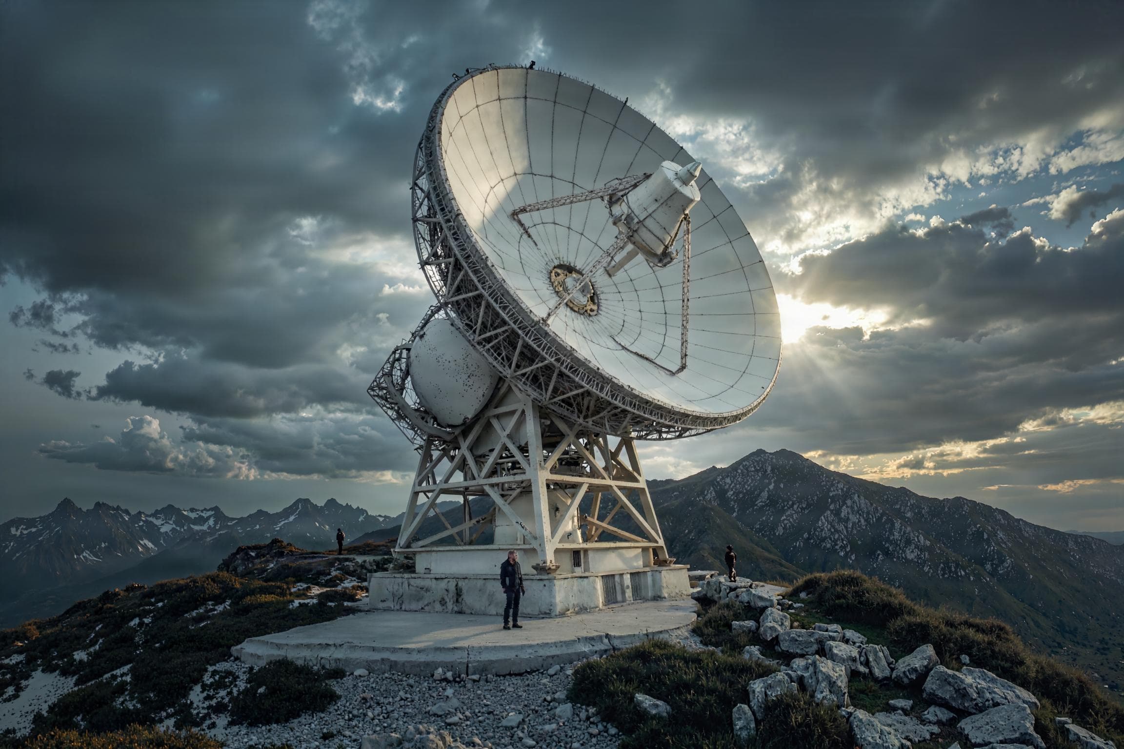 Eine große Satellitenschüssel auf einem Bergkamm unter schwerem Himmel, davor eine kleine Gestalt.